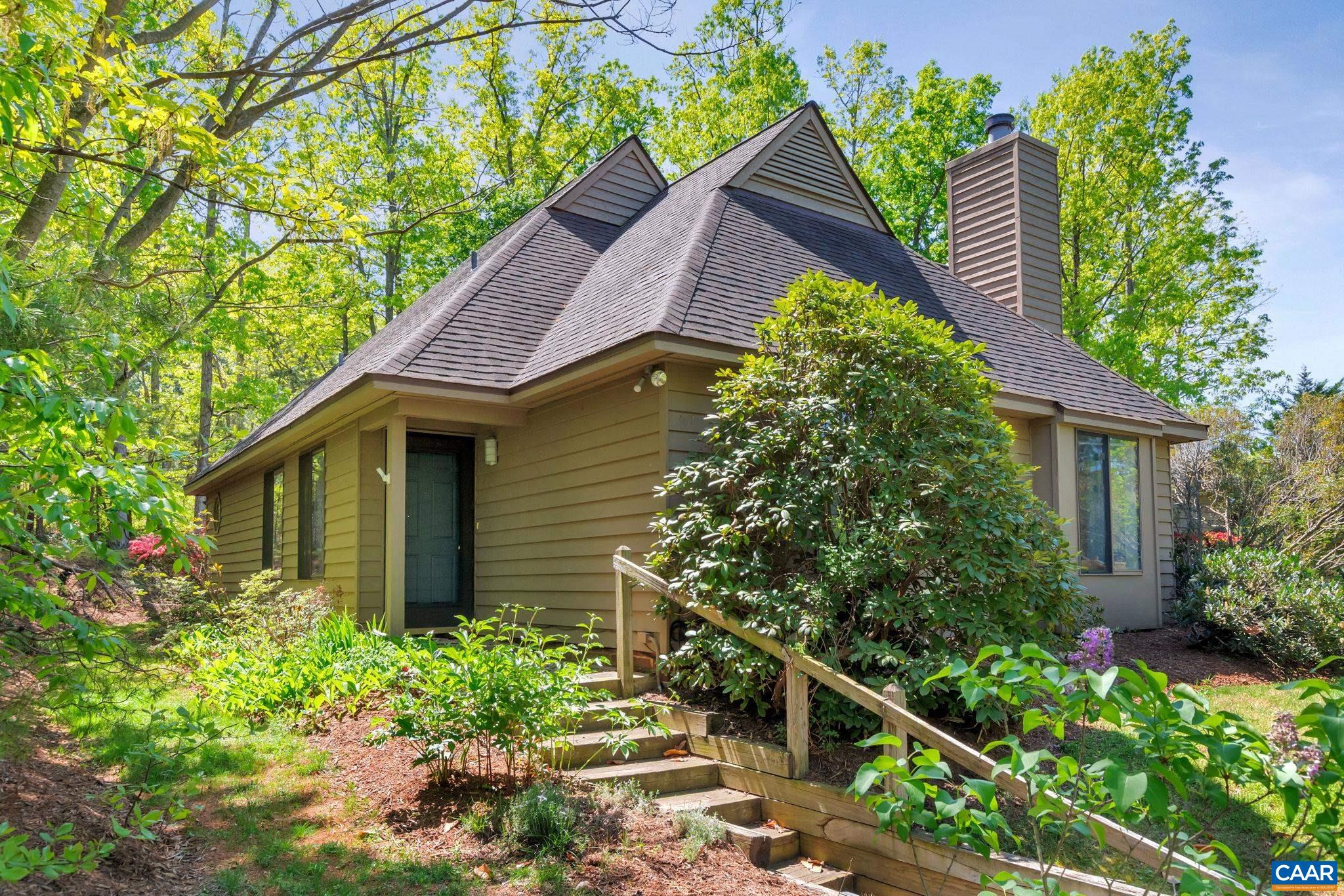 One-level, low maintenance living in popular Mill Creek with lawn and exterior maintenance covered by the HOA. Great open floorplan with split-bedroom design offers an eat-kitchen with breakfast bar open to the spacious living room flanked by the primary bedroom with large en suite bath on one side and the two other bedrooms with full bath on the other for privacy and separation. Enjoy the peaceful tree-lined rear with patio and twinkle lights. Recent updates include quartz countertops & custom butcher block breakfast bar, bamboo floors, Anderson sliding glass patio door, and increased insulation in the attic. Plenty of storage space with xlarge shed and closet space. Off street parking for two cars.  Just a few mins drive to Wegman’s, an easy walk to Mountain View elementary or sandwiches at The Market.  Mill Creek sits just 10 mins from Uva and offers mountain retreat-like living with great views, established trees, and miles of walking trails. Come enjoy by summer!