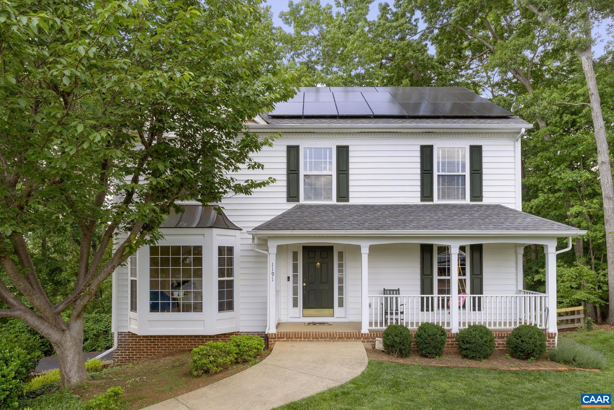 Pearl Certified High Energy Efficient Home with solar panels.  4 Bedroom Colonial on cul-de-sac, just minutes from I-64, Wegmans, Downtown, schools, shopping and much more.  Relaxing Front Porch, Formal Dining and Living room, Family room with gas fireplace, spacious Deck with propane hookup, eat-in Kitchen with island, finished lower level with 2 car Garage.  Property backs to Biscuit Run Trail.  Primary suite connects to Nursery or Home Office. Newer Roof