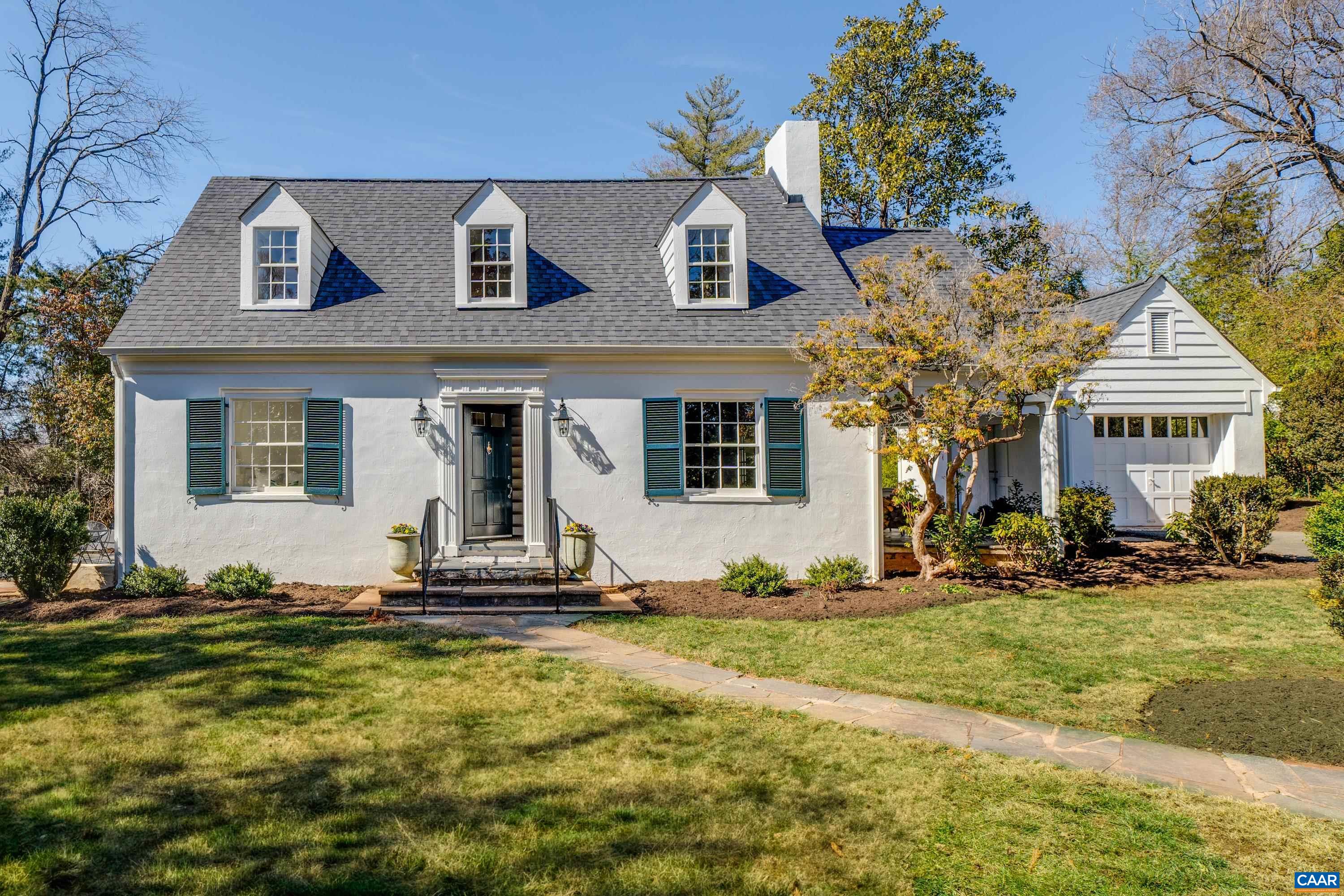 Nestled in the highly sought-after Bellair neighborhood, this enchanting Cape Cod residence is a gem. Set back from the street, elevated, and embraced by mature landscaping, including a stately magnolia, the home exudes charm and warmth. Thoughtfully updated in 2022, work included a new roof, gutters, and downspouts, interior and exterior paint, refinished hardwood floors, and upgraded electrical panel & outlets. Timeless architectural details abound, with masonry fireplace, beautiful windows, and inviting outdoor spaces, including a generous covered porch and a slate terrace. Ideally positioned less than two miles from Farmington Country Club and the Boar’s Head Resort, and only three miles from the University of Virginia. The property provides direct access to Foxhaven Farm & Ragged Mountain hiking trails, the Birdwood Golf Course, and a neighborhood pond. With its seamless floor plan, the house presents an excellent opportunity for expansion, whether a main-level primary suite or a great room & kitchen enlargement. A charming jewel box in an exceptional location.