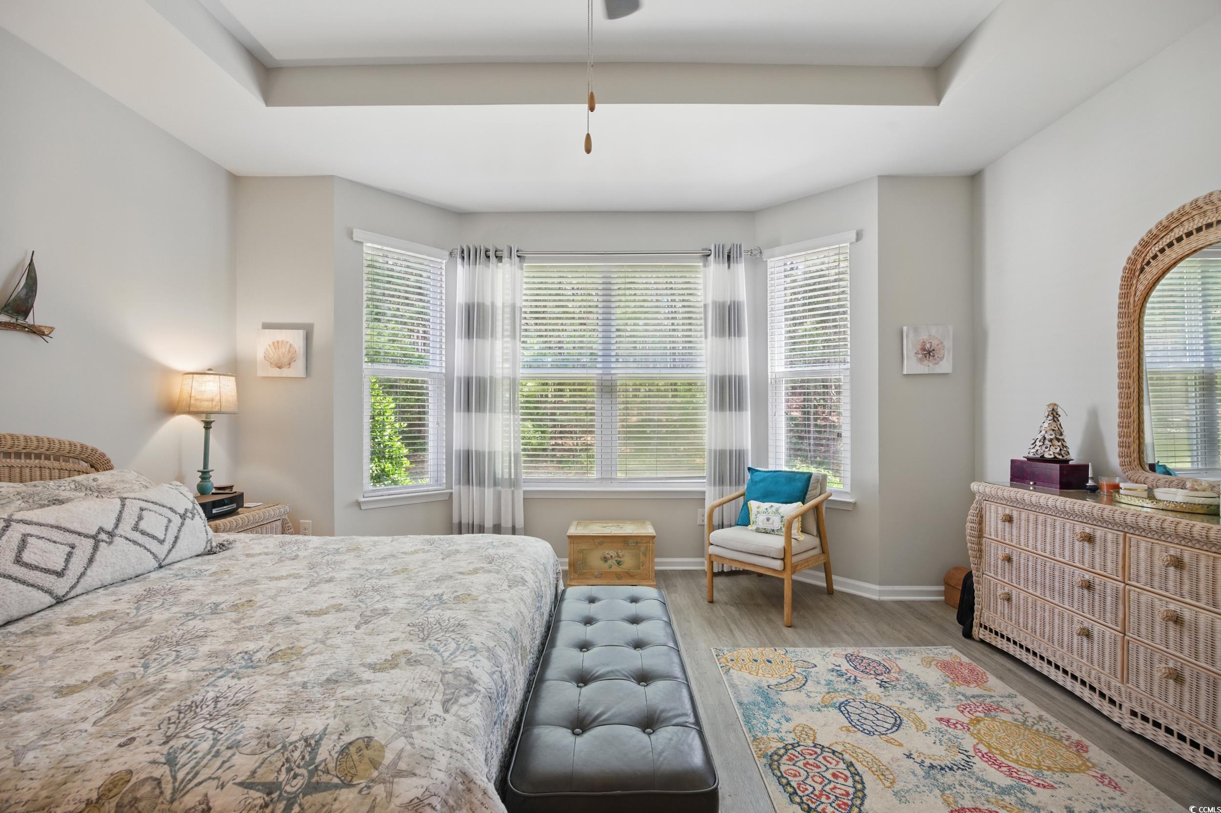 Bedroom featuring multiple windows, wood finished floors, baseboards, and a raised ceiling