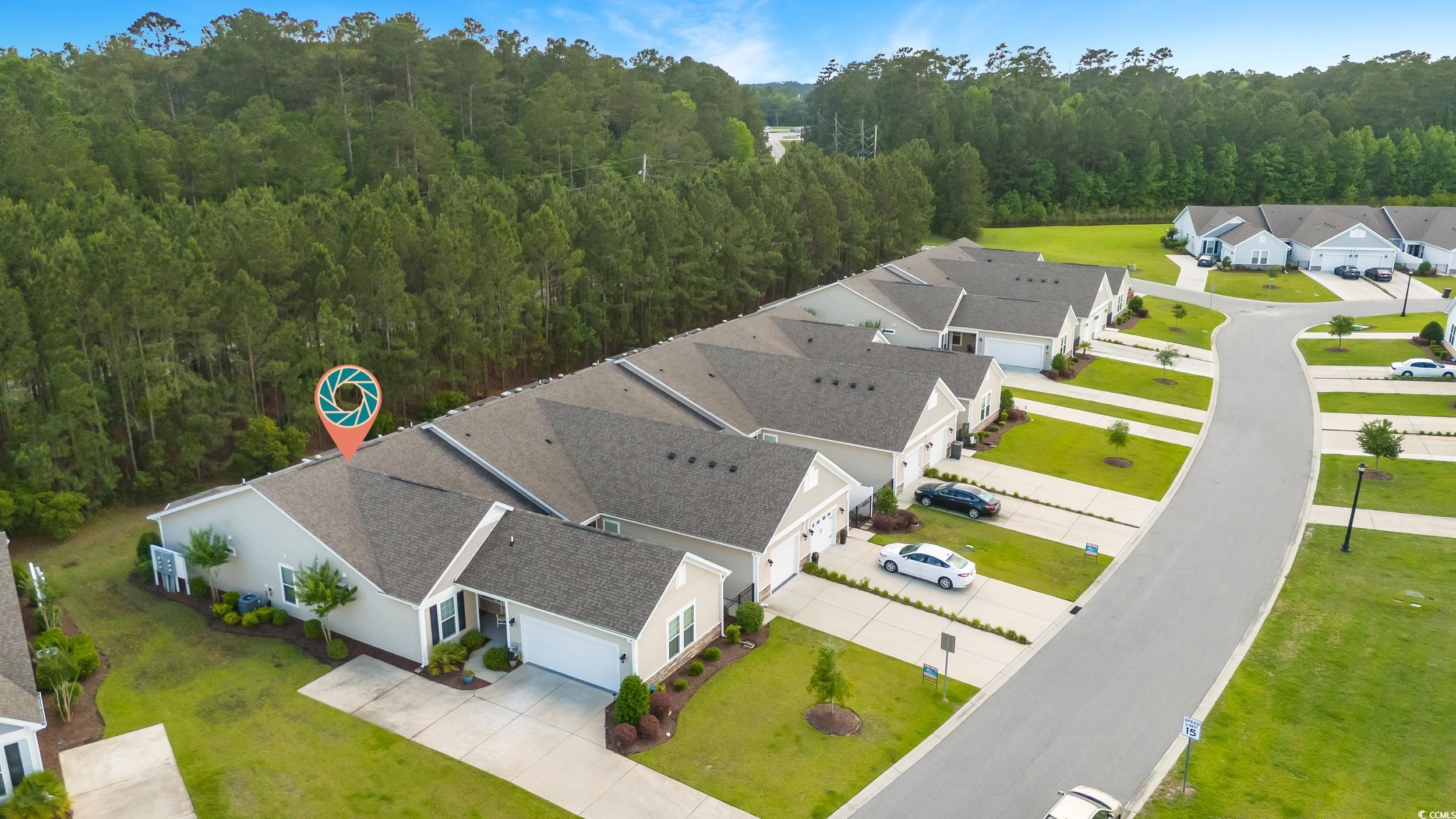 Aerial perspective of suburban area with a forest