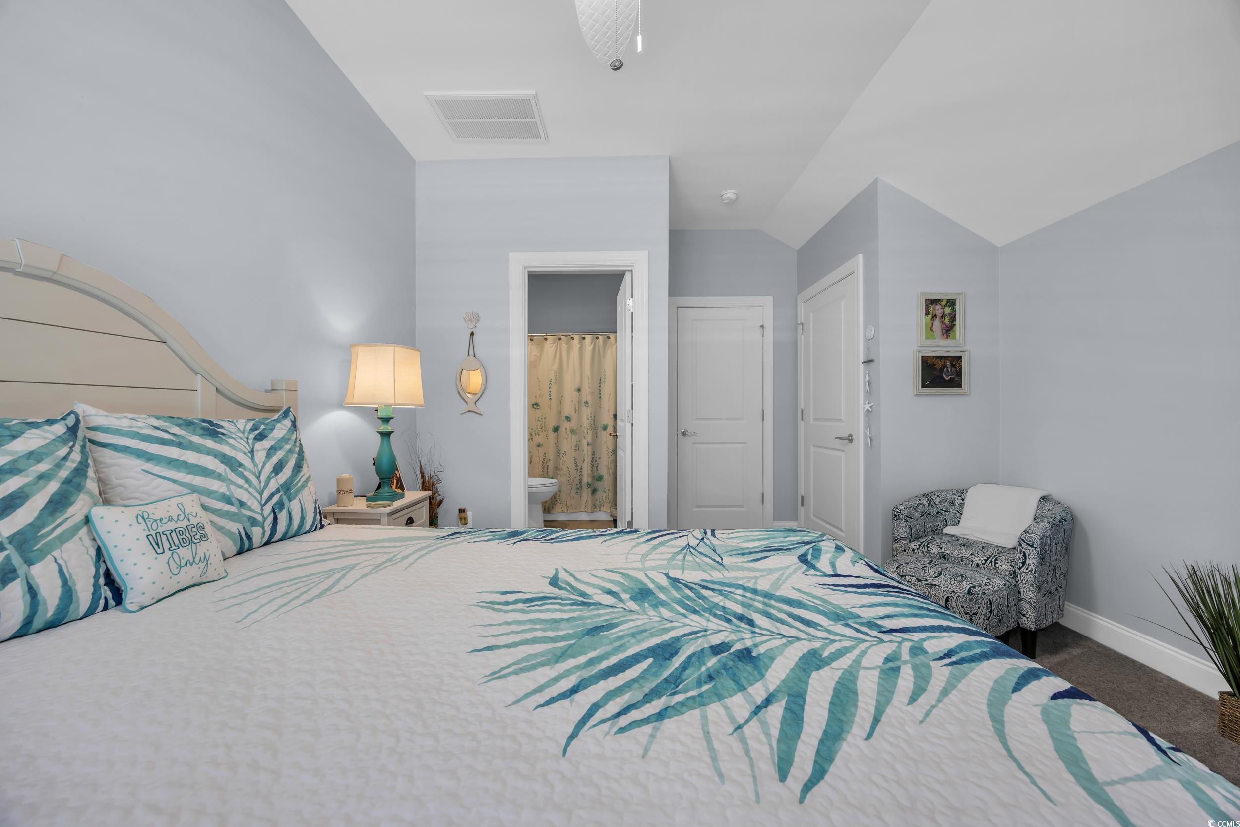 Carpeted bedroom with vaulted ceiling, baseboards, and ensuite bathroom