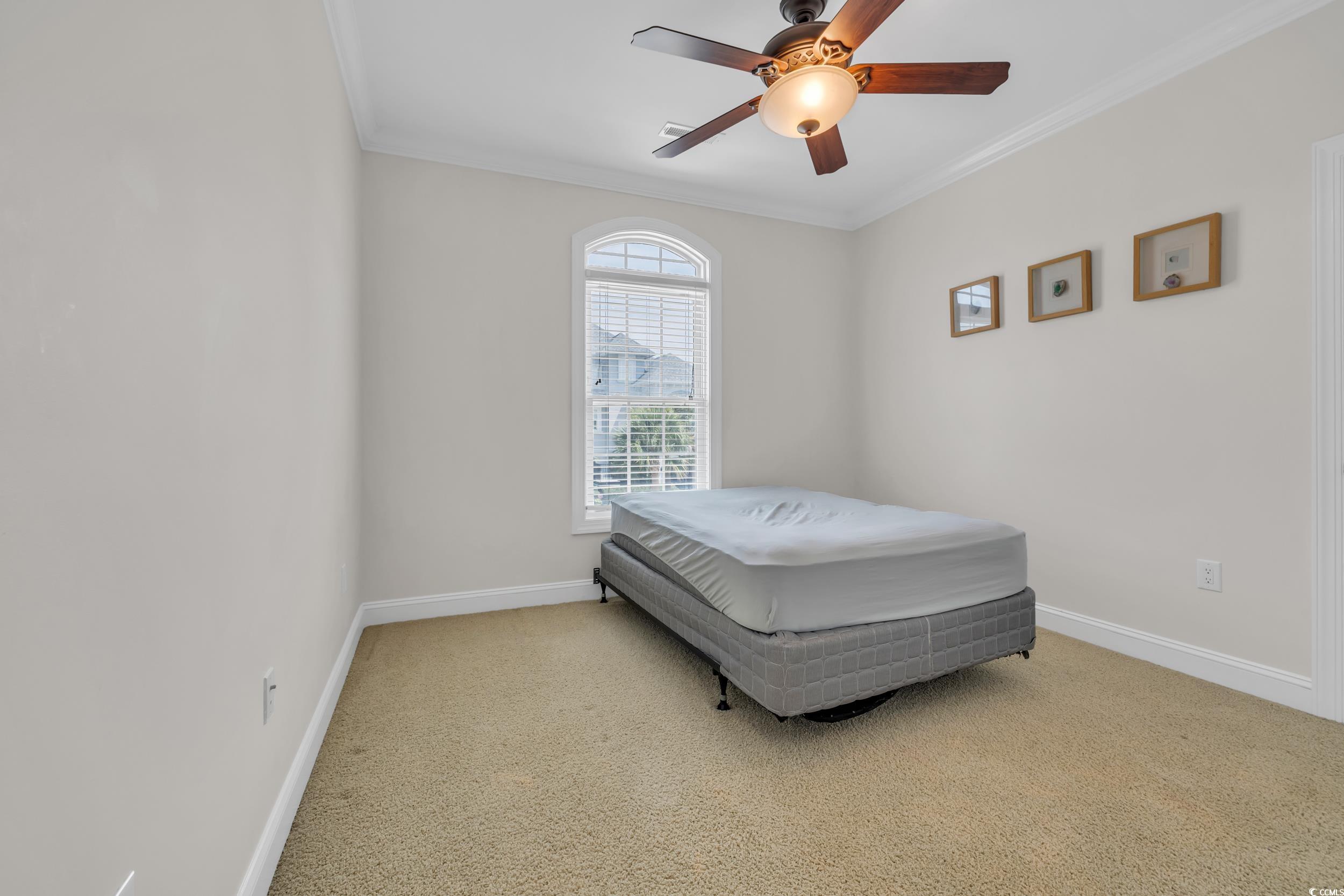 Carpeted bedroom featuring ornamental molding, baseboards, and ceiling fan