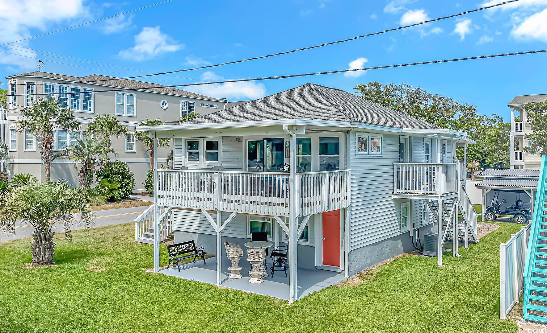 experience your slice of paradise in north myrtle's enchanting crescent beach. this coastal duplex boasts a comfortable 2100 square feet of living space, providing ample room for relaxation and entertainment. with 1 cozy bedroom and 2 modern bathrooms upstairs and2 bedrooms and 2 bathrooms down, this abode is perfect for creating cherished memories. located just a quick 3 blocks from the ocean, you'll revel in the refreshing coastal breezes that grace the decks and patios. speaking of decks and patios, this charming duplex offers not one, but two of each, providing an abundance of outdoor space to unwind and soak up the views. the upstairs unit has undergone recent renovations, ensuring a fresh and inviting atmosphere throughout. whether you're seeking a serene escape or a savvy investment opportunity, this duplex will not disappoint! sold furnished.  there are internal stairs so this can be used as a single-family residence.  here is the layout:  first level has a kitchen (no range), living area, 2 full bathroom and 2 bedrooms.  2nd floor has one bedroom, one full bathroom, living room, breakfast area, kitchen.  sold fully furnished.  two outbuildings included.  lower level has two covered patios.  upstairs has two covered decks.  all decks have a new aluminum roof with gutter system.  there are two outside stairs to upper level.  inside stairs are locked.  three blocks from the beach  the lower unit has a spot for a washer dryer to the right of the vanity in bathroom