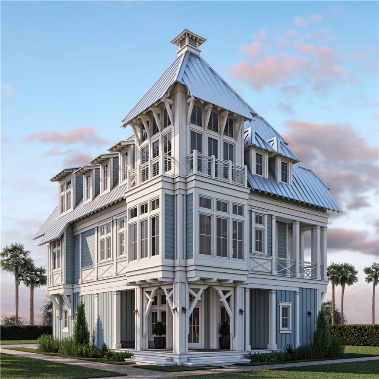 “Mamma Mia,” a brand-new, 3-story home, wows w/ its architecture, intricate woodwork & cupola-topped tower. It’s a stunning addition to Cinnamon Shore South! Finishing soon, this beauty backs up to Tailwind Park w/ beach access close by! Curated interior finishes & selections signal sophistication. Enter from a porch to a 1st-floor den that accesses a sand room. A garage & powder room complete this level, as elevator or stairs take you to upper floors. 2nd-floor main living combines a gourmet kitchen overlooking adjacent dining & living rooms, served by 2nd half bath. A signature backsplash joins high-end appliances & 10x10 island in the kitchen, which opens to corner-wrapping balcony. The 2nd-fl primary suite has its own balcony & bath, while on the 3rd-floor, one suite has a vaulted ceiling & another has 2 balconies! A 3rd-fl bunk room has built-in twins & enjoys a full hall bath. Glam amenities nearby: pool/fitness center; family & adult pools; fishing pavilions! Tell your mamma!