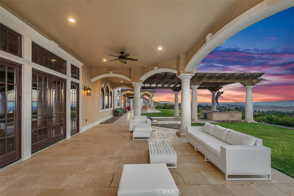 Covered patio facing east with sunrise views.