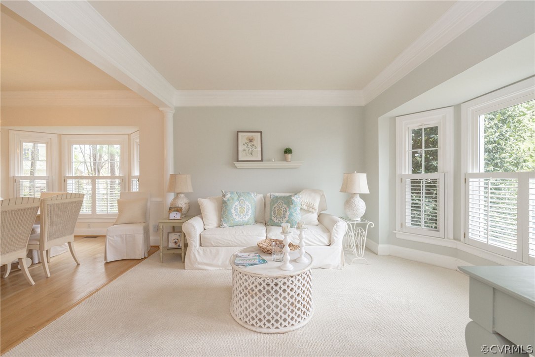 Formal Living Room with Crown Molding & Plantation Shutters