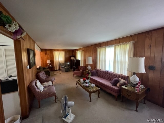 Living room featuring wooden walls and carpet flooring