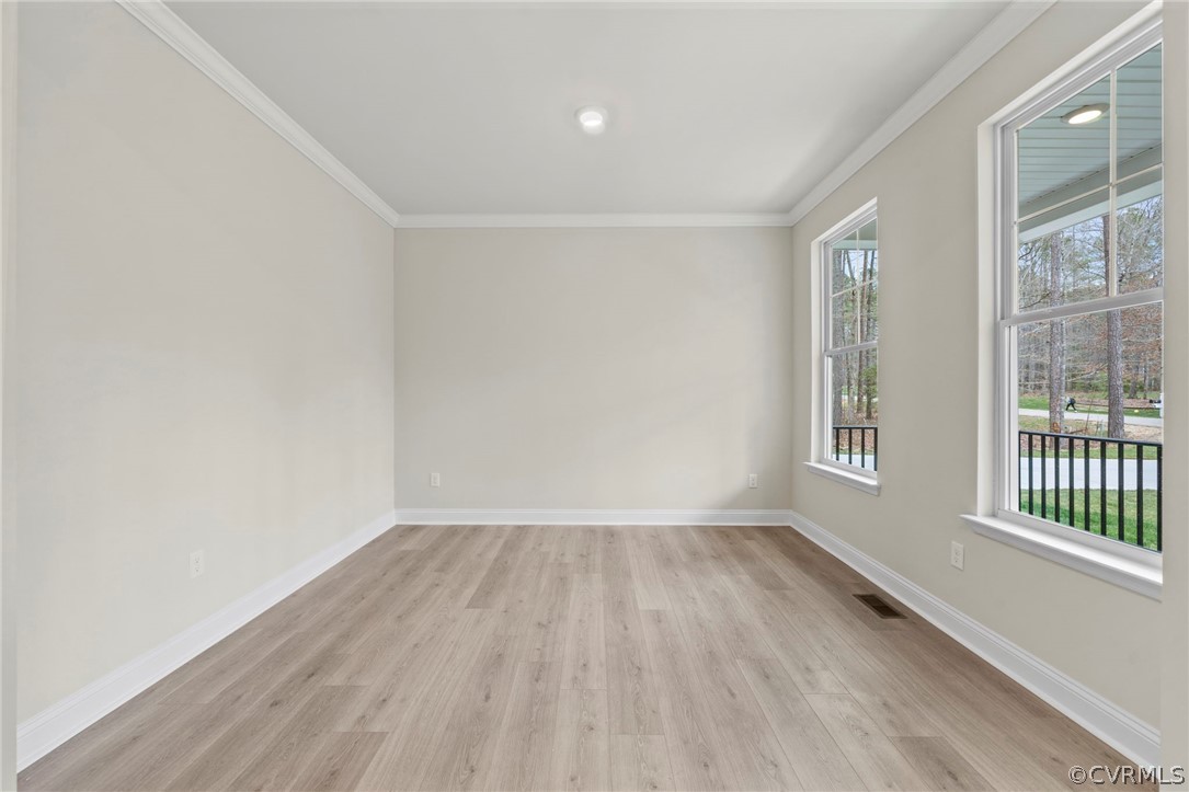 Empty room featuring ornamental molding and light wood-type flooring