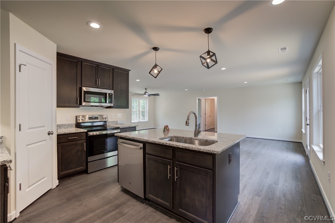 Kitchen with sink, hanging light fixtures, appliances with stainless steel finishes, dark hardwood / wood-style floors, and ceiling fan