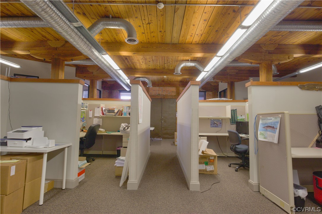 Basement featuring light colored carpet and wooden ceiling