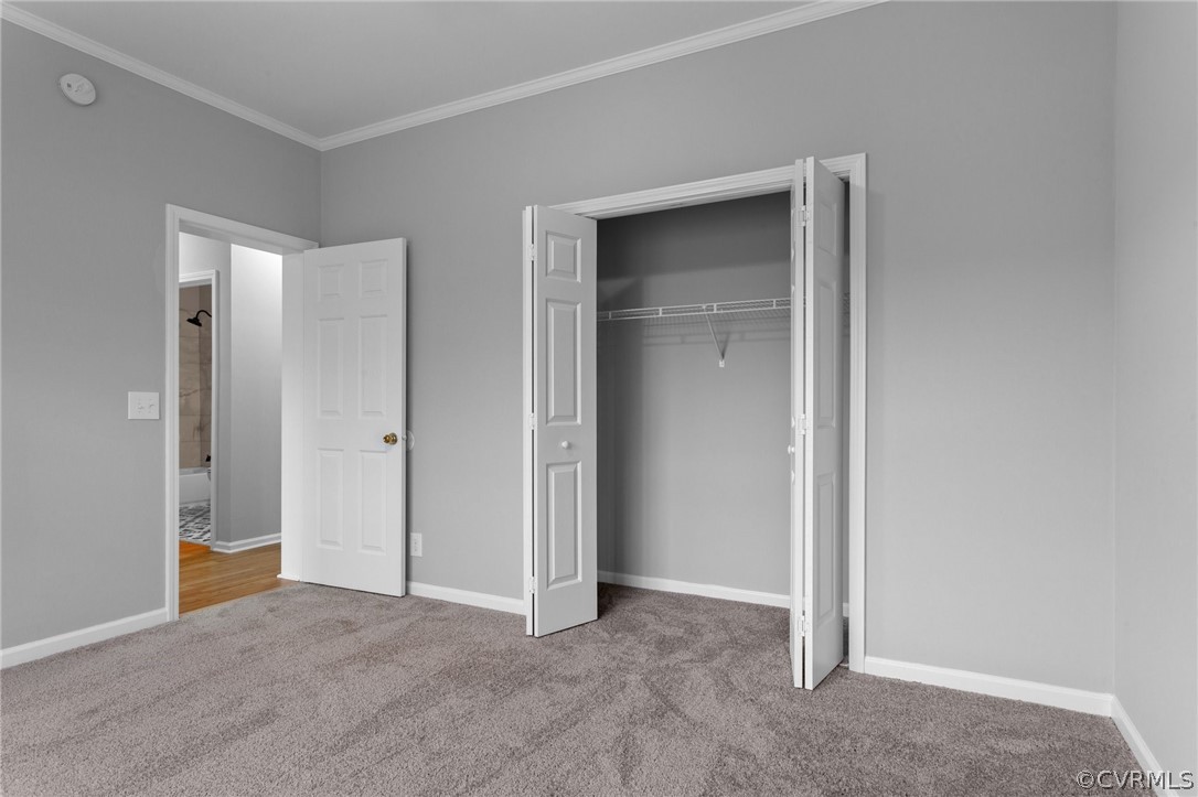 Unfurnished bedroom featuring a closet, dark colored carpet, and ornamental molding