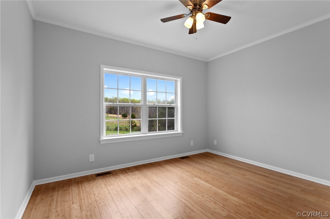 Spare room featuring light hardwood / wood-style flooring, ceiling fan, and crown molding