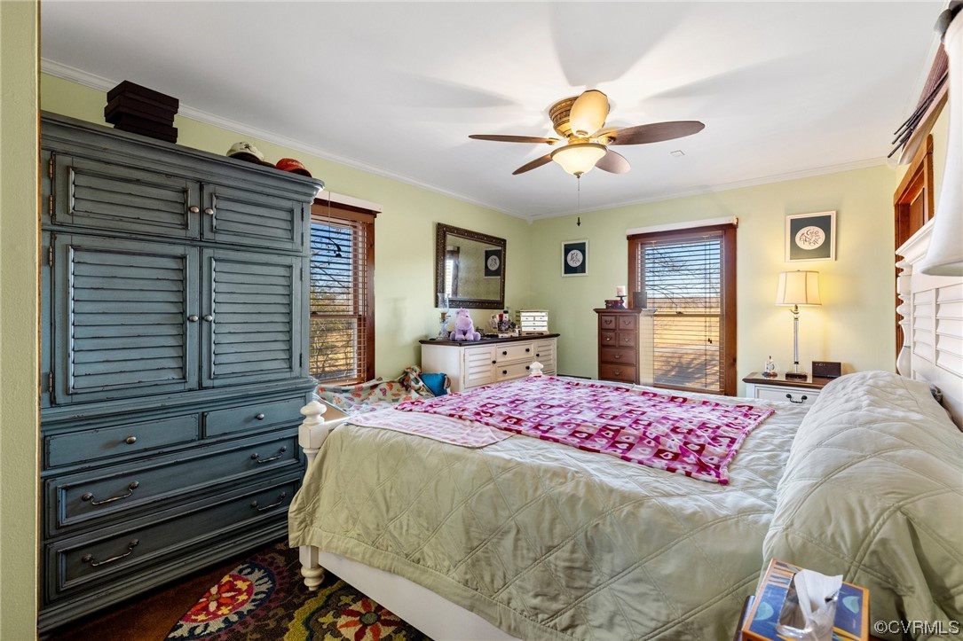 Bedroom featuring ceiling fan and ornamental molding