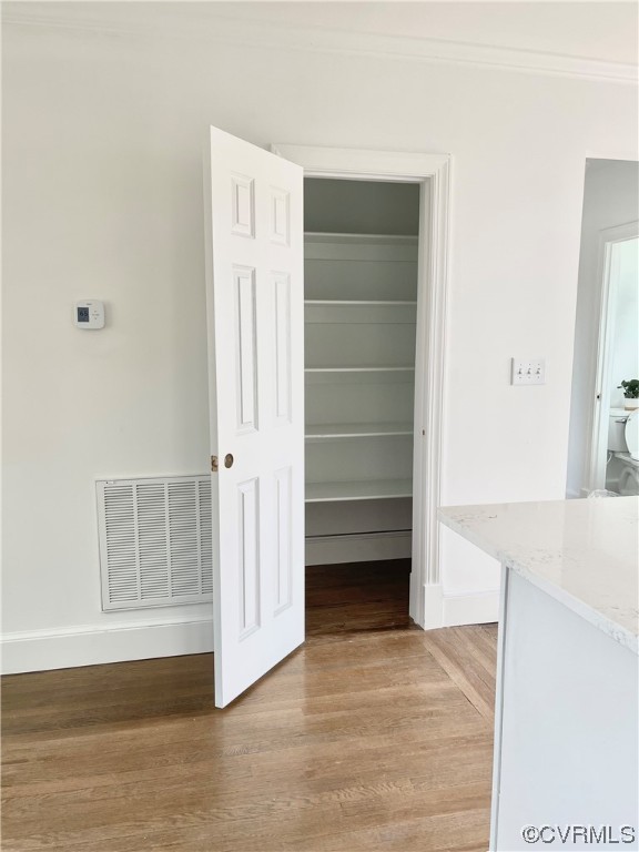 Pantry with solid shelving in kitchen
