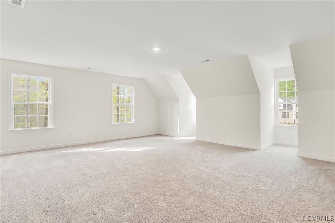 Additional living space with light colored carpet and lofted ceiling