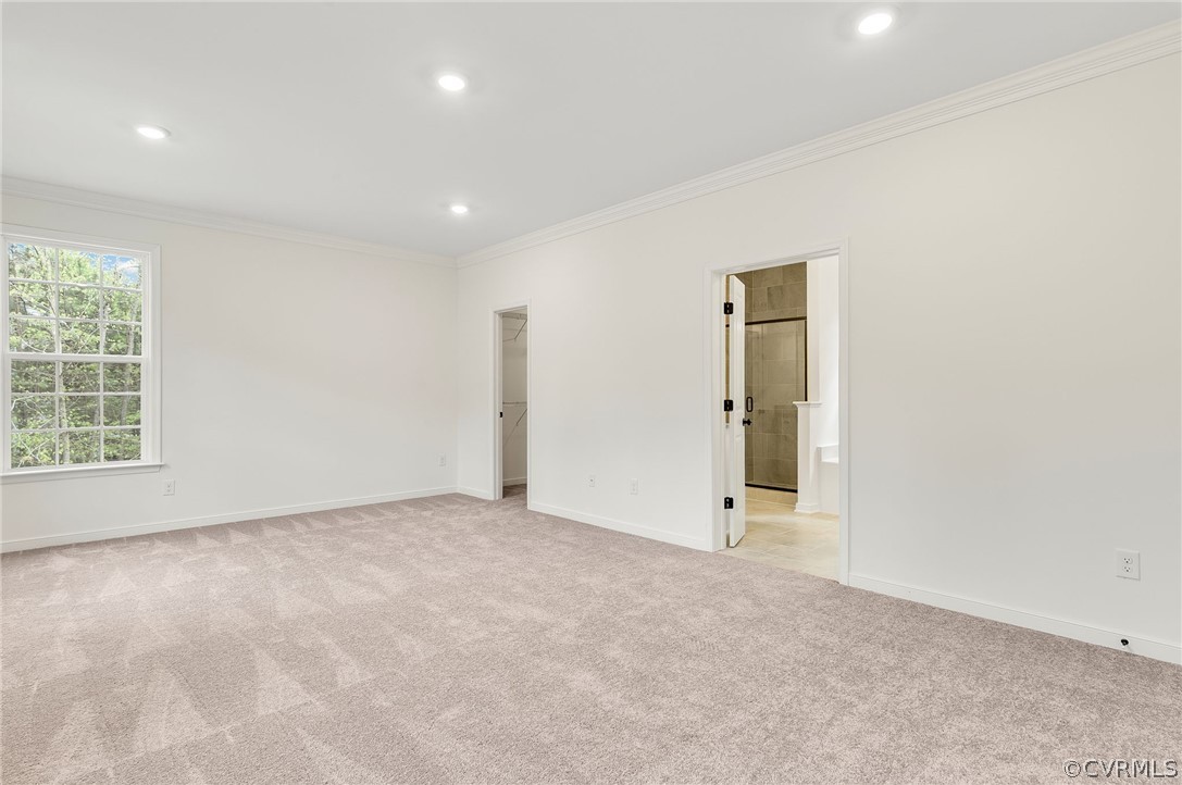 Empty room featuring crown molding and light colored carpet