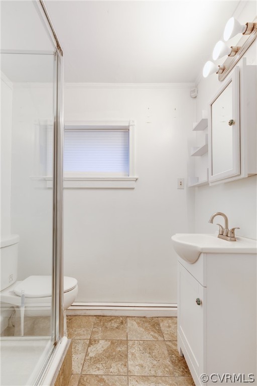 Guest Quarters Studio Apt with full Bathroom with vanity, tile floors, ornamental molding, an enclosed shower, and toilet