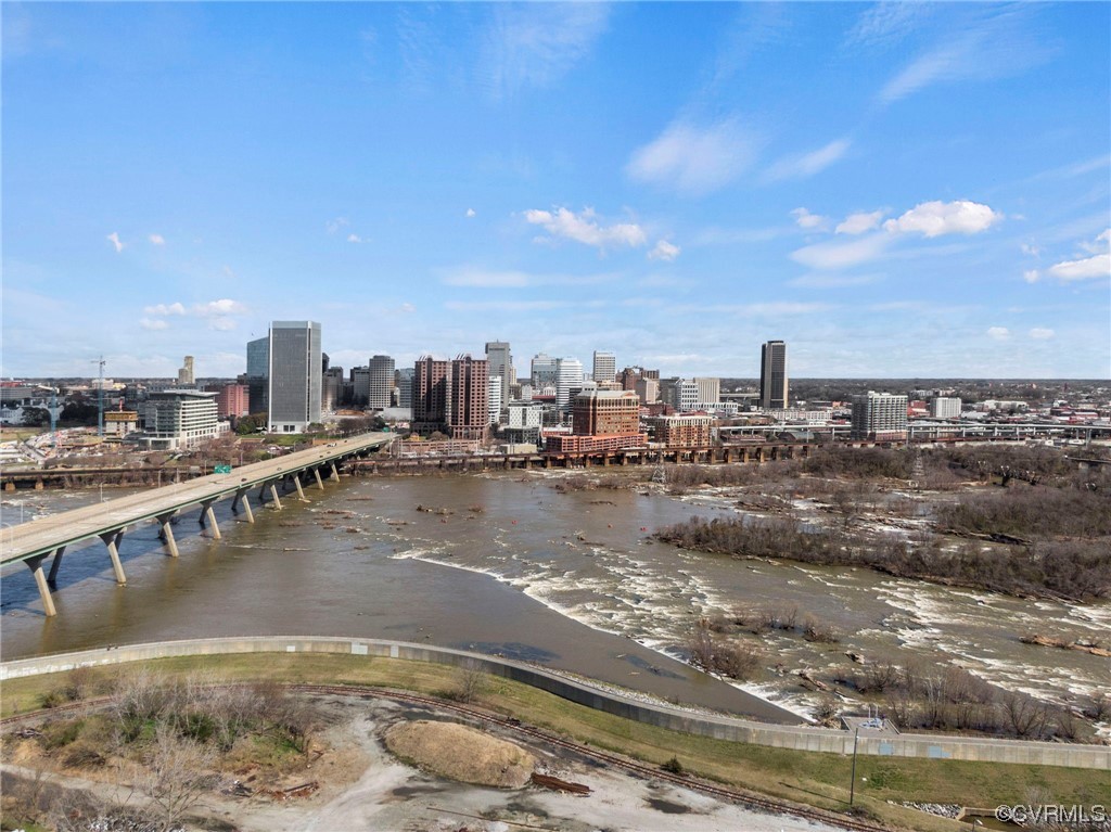 Aerial View of the floodwall and James River.