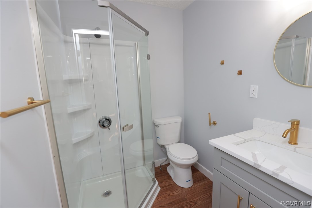 Bathroom with vanity, toilet, hardwood / wood-style flooring, and walk in shower