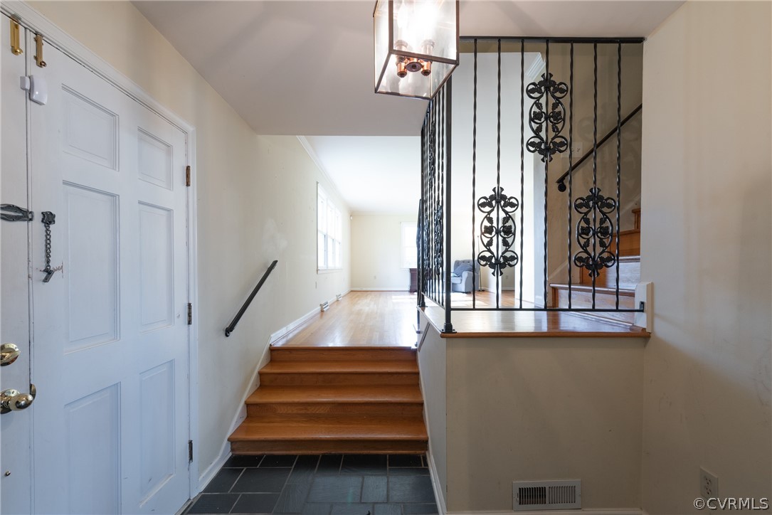 Stairs featuring dark hardwood / wood-style floors and crown molding