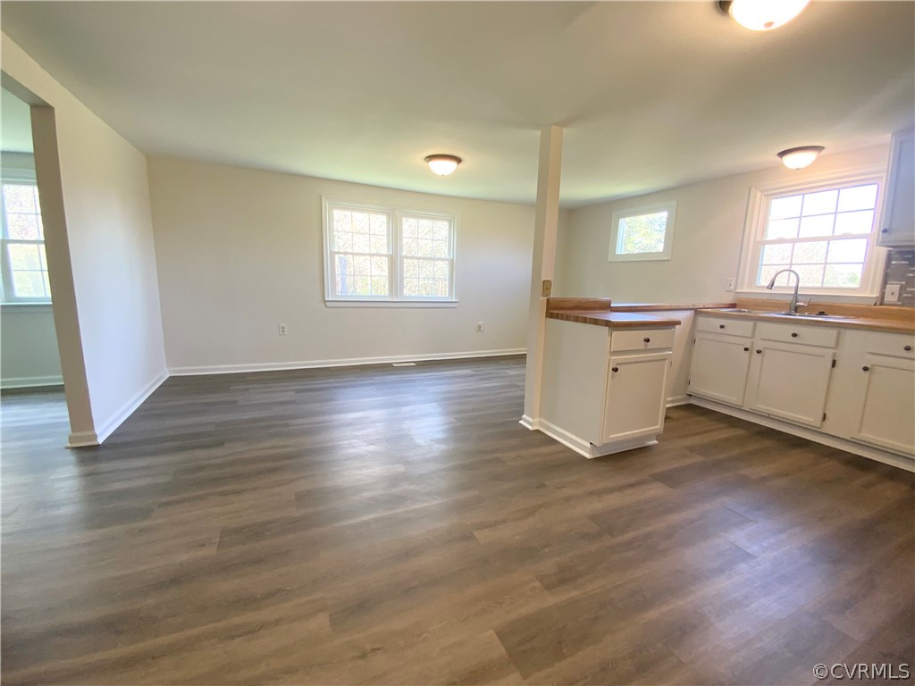 Kitchen with backsplash, dark hardwood / wood-style flooring, white cabinetry, and sink