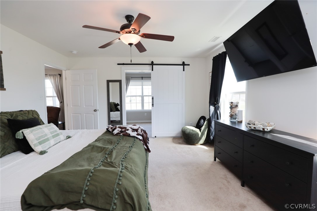 Carpeted bedroom featuring multiple windows, a barn door, and ceiling fan