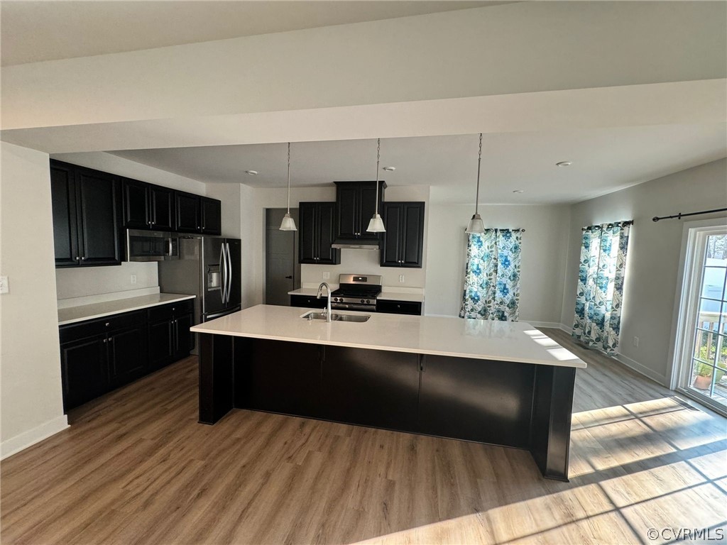 Kitchen featuring an island with sink, pendant lighting, sink, appliances with stainless steel finishes, and light hardwood / wood-style floors