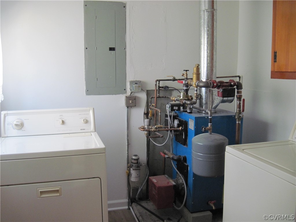 Furnace room with washer & dryer.