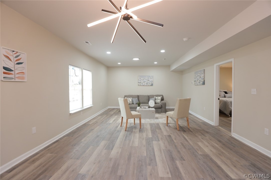 Dining area featuring hardwood / wood-style floors and ceiling fan