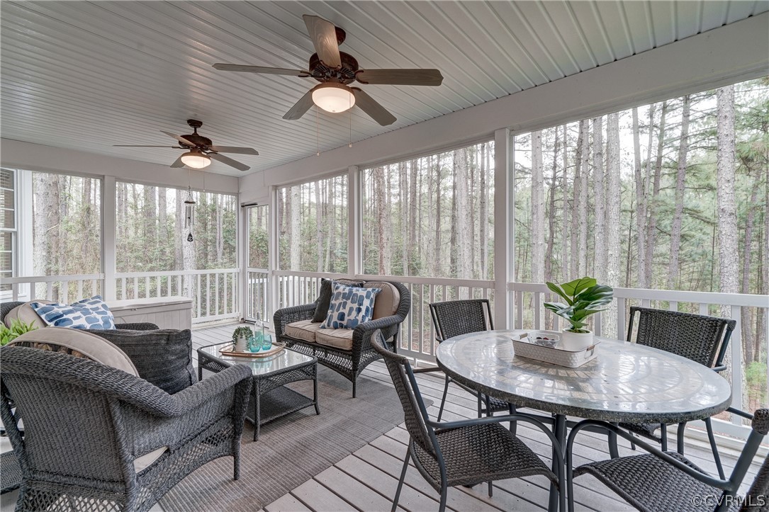 Off of Family Room, Sunroom / solarium featuring ceiling fan private backyard