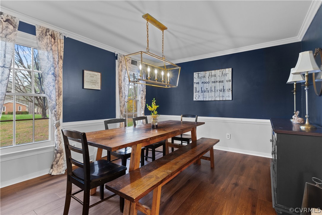 Dining space featuring a chandelier, crown molding, and dark hardwood / wood-style floors