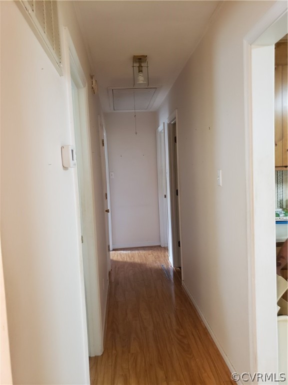 Corridor with light hardwood floors and pulldown attic