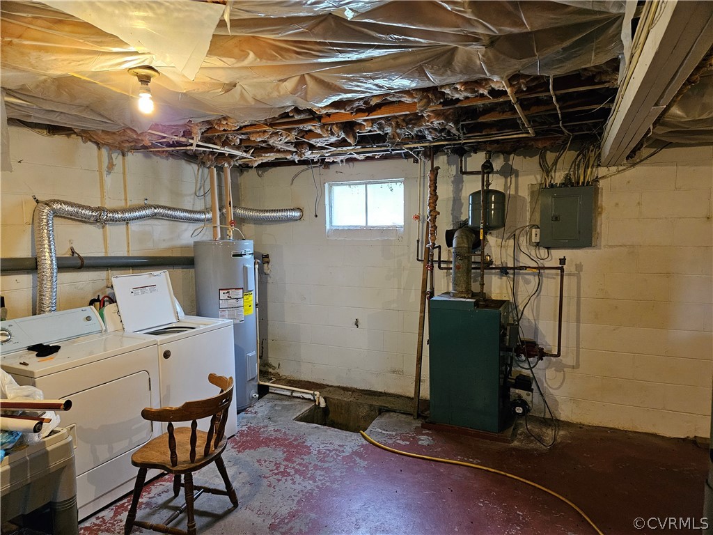 Basement with washing machine and clothes dryer and electric water heater
