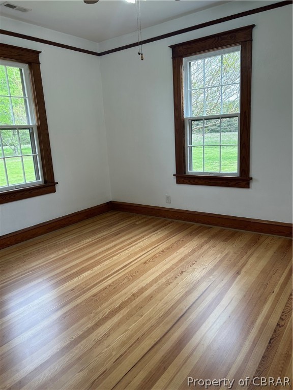 Unfurnished room with a wealth of natural light, ceiling fan, and light wood-type flooring