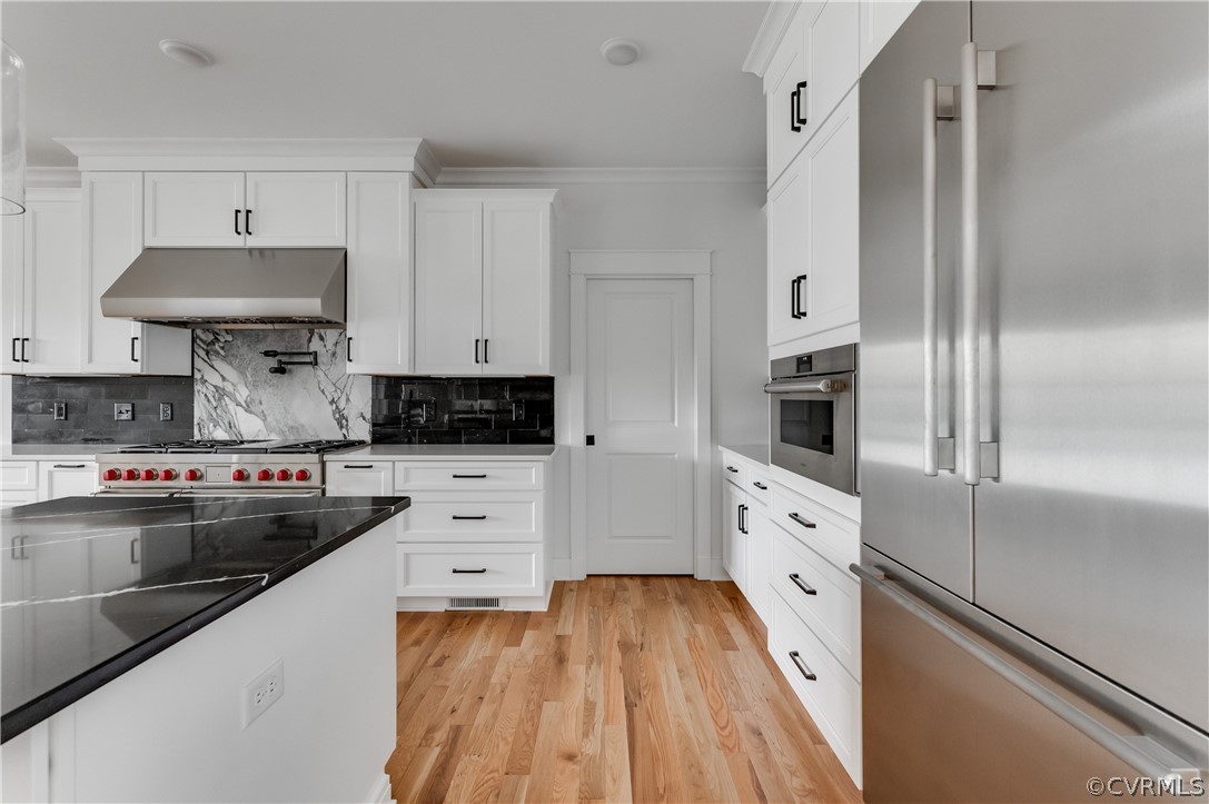 Kitchen featuring high end appliances, light hardwood / wood-style flooring, tasteful backsplash, and white cabinets