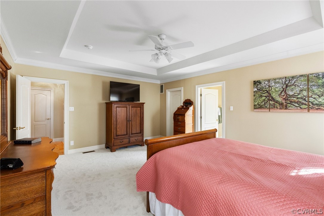 Carpeted bedroom with ceiling fan, a tray ceiling, and crown molding