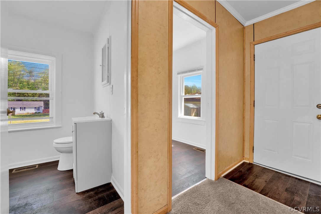Bathroom featuring ornamental molding, sink, hardwood / wood-style flooring, and toilet
