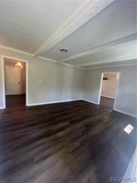 Empty room with beamed ceiling and dark wood-type flooring