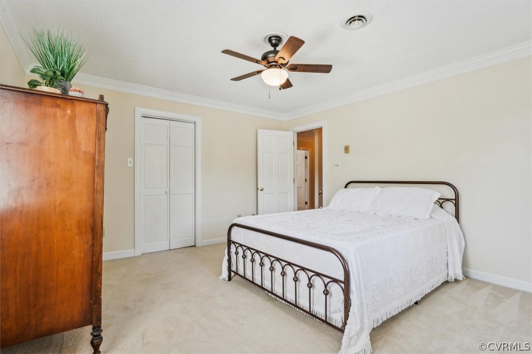 Carpeted bedroom featuring ornamental molding, a closet, and ceiling fan