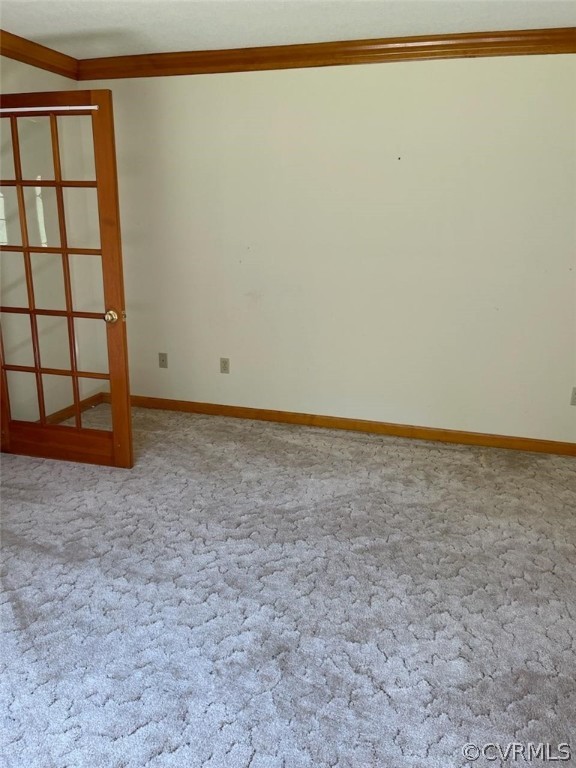Spare room featuring crown molding and carpet flooring