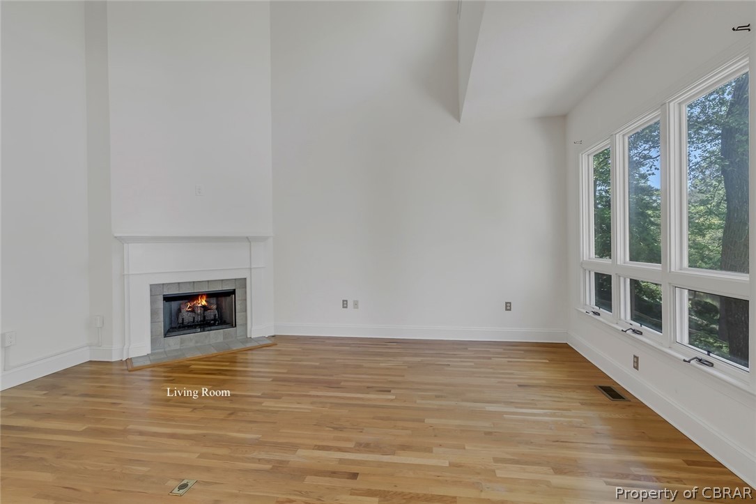 Unfurnished living room with light hardwood / wood-style floors, a healthy amount of sunlight, and a fireplace