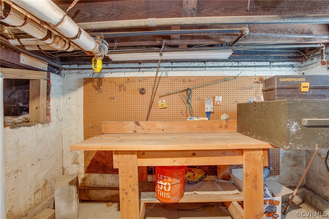 Basement with a workshop area