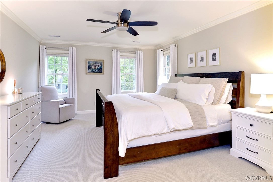 Carpeted bedroom with ceiling fan, crown molding, and multiple windows