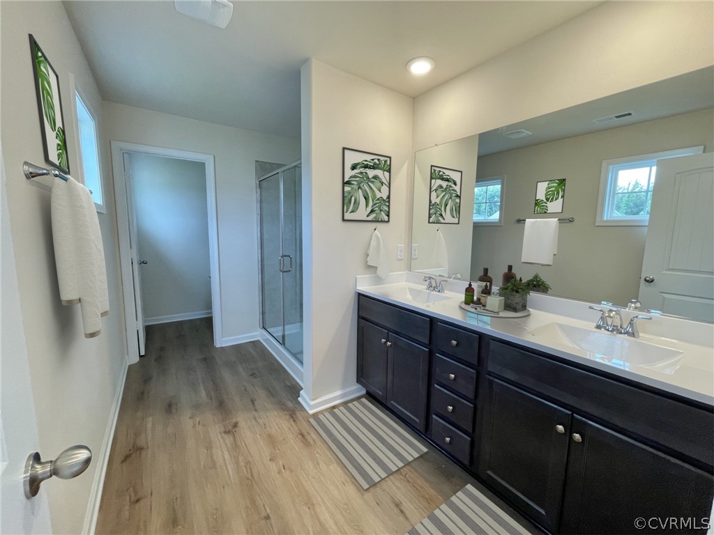 Bathroom featuring wood-type flooring, oversized vanity, walk in shower, and double sink