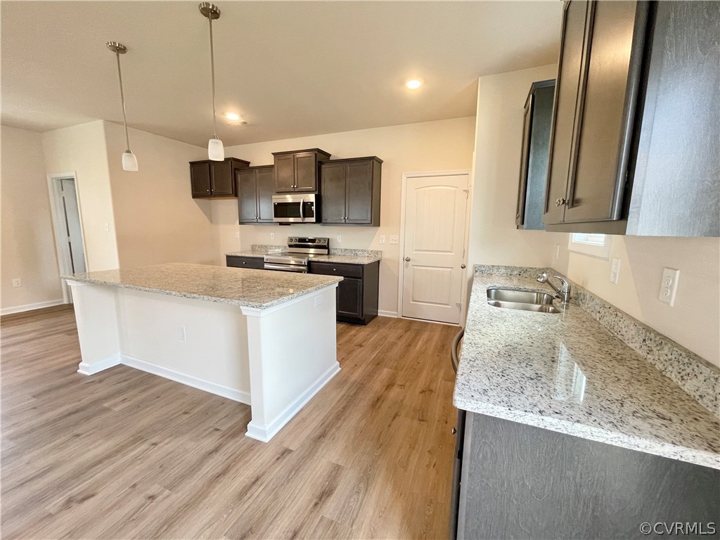 Kitchen with decorative light fixtures, sink, appliances with stainless steel finishes, and light hardwood / wood-style flooring