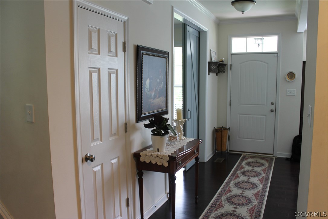 Foyer with crown molding and dark hardwood / wood-style floors