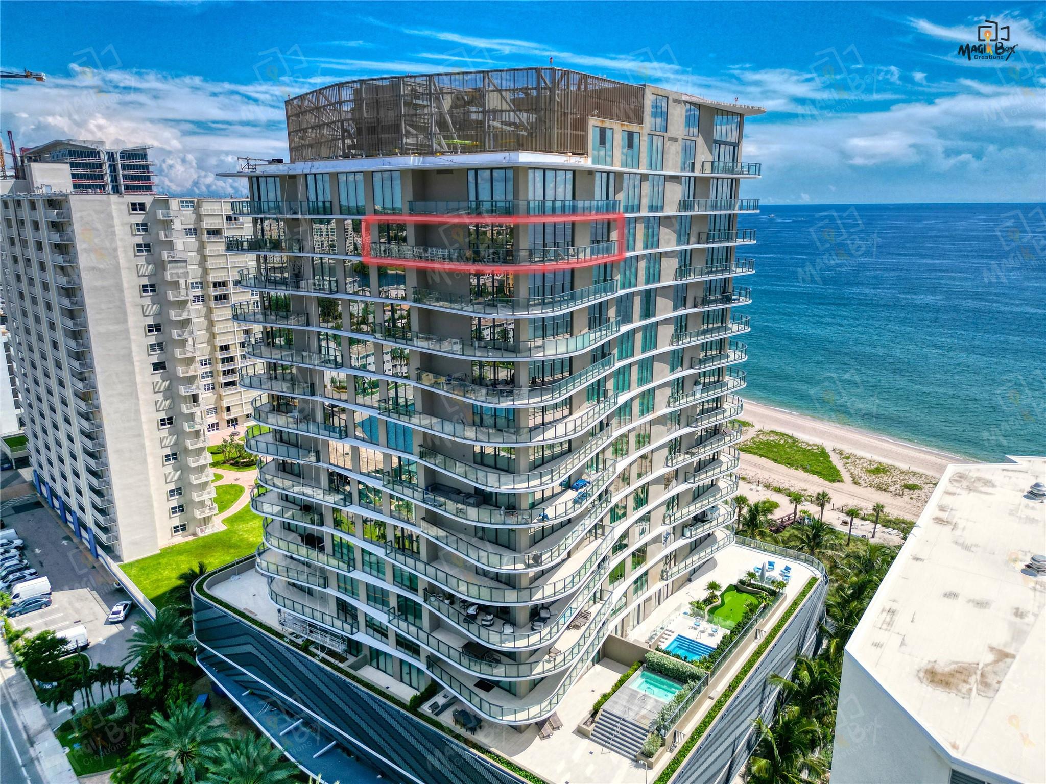 Exquisite 3 bedroom 3 bath residence at Sabbia Beach Condos. Luxury Boutique 68 unit condo with full service amenities to cater to you all year long! This rare Sky Residence Positano has direct elevator access leading to a private floor.  Floor to ceiling impact windows to embrace the breathtaking Atlantic Ocean, Intracoastal and city views from the 17th floor.  Generous wrap glass balcony to enjoy alfresco dining  Gourmet kitchen with large center island & seating, Miele appliances and custom designed Italian cabinetry.  Luxury 5 star 24 hour doorman building with valet parking.  Amenities include exotic oceanfront pool with cabanas, spa, and concierge service.  Social room designed by Steven G; fitness center, his & hers sauna & steam room.  2 Garage spots; 1 deeded.  Fully furnished!