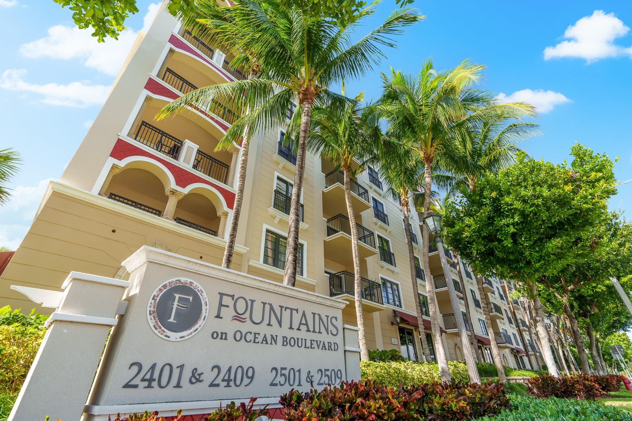 Stunning 2-bedroom, 2-bath condo just steps from the beach in the sought-after Fountains on Ocean Boulevard. Wake up to spectacular sunrises and ocean breezes on the spacious balcony. The open-concept kitchen, with sleek white cabinetry, flows seamlessly into the living area—perfect for entertaining. The primary suite boasts a walk-in closet and spa-inspired bath. Custom cabinetry enhances all closets, including linen closets in each bathroom. Enjoy ocean glimpses from the bedroom windows. The rooftop pool and fitness center offer panoramic views of the ocean, Intracoastal, and skyline, with breathtaking sunsets. Rarely available: 2 garage parking spaces and a bike room. Perfect for year-round living, a vacation retreat, or investment. Don't miss this beachside treasure!