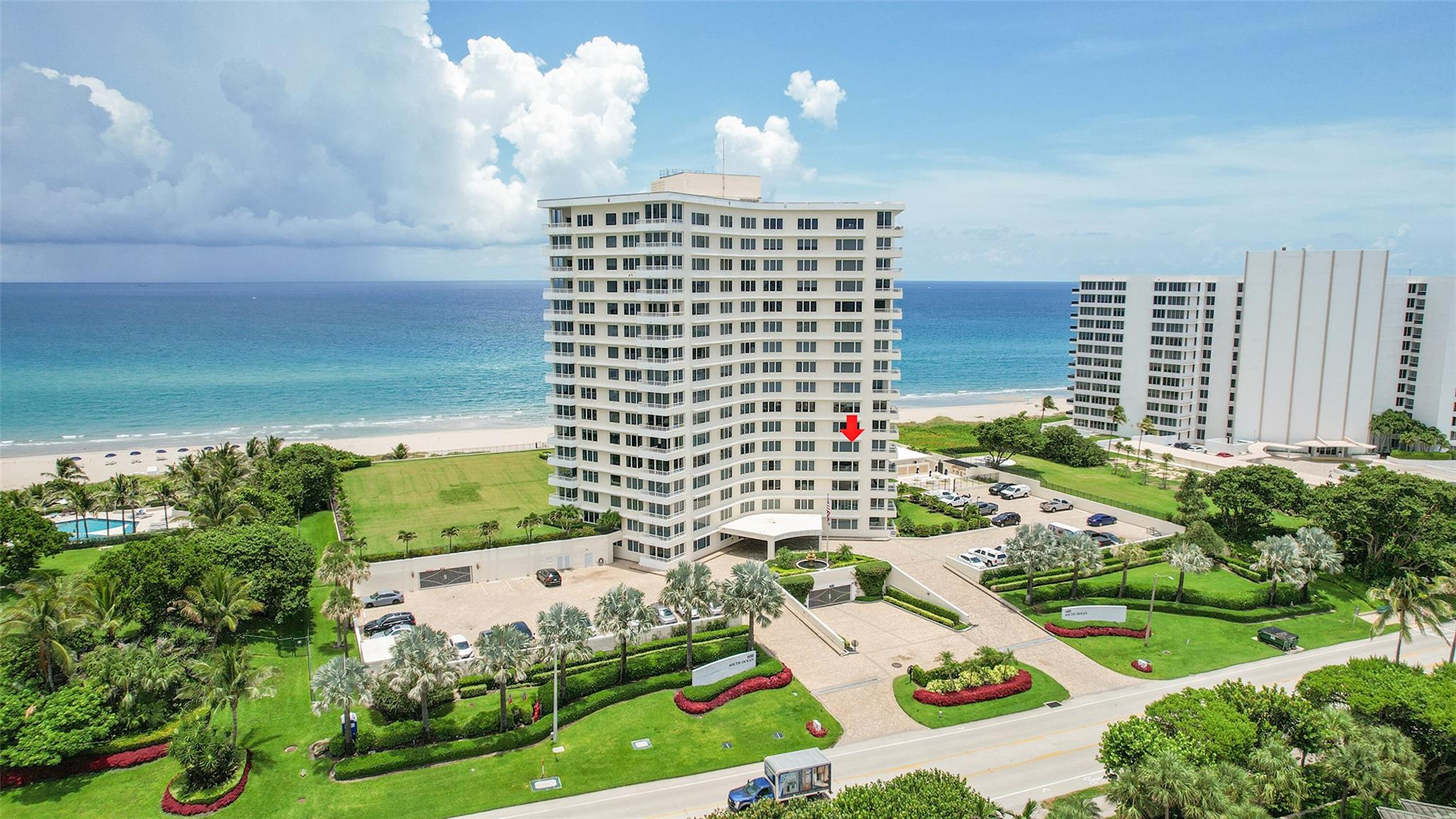 Spectacularly Renovated Oceanfront Condo with Panoramic Views. This beautifully renovated corner residence spans 1,786 square feet and offers sweeping views of the Atlantic Ocean, Lake Boca, Intracoastal, and city skyline from every room. The open living & dining areas flow seamlessly with water views. The kitchen features white soft-close cabinetry, quartz countertops, and a clean, modern design. Additional features include a separate laundry room, recessed lighting, custom shelving, a service entrance, and large ceramic tile flooring throughout. Sabal Shores has completed a full exterior renovation. Residents enjoy 24/7 upper and lower-level concierge, beachfront lounge chairs, social  & fitness rooms, a library, heated pool, BBQ area, TWO garage parking spaces, and extra storage.